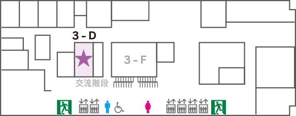 京都経済センター3階のフロアマップ。3-Dはフロア中ほどの3-F室の左の部屋です。